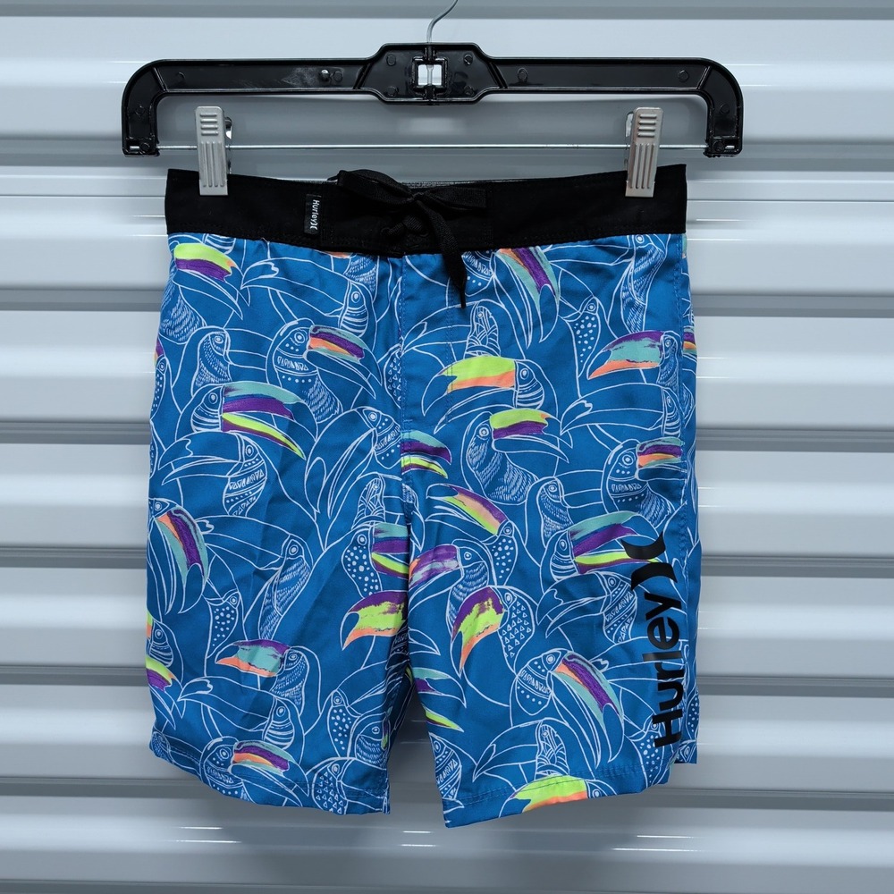 Hurley Board Shorts Size 7 Boys Blue Toucan Tropical Swim Trunks Graphic Print